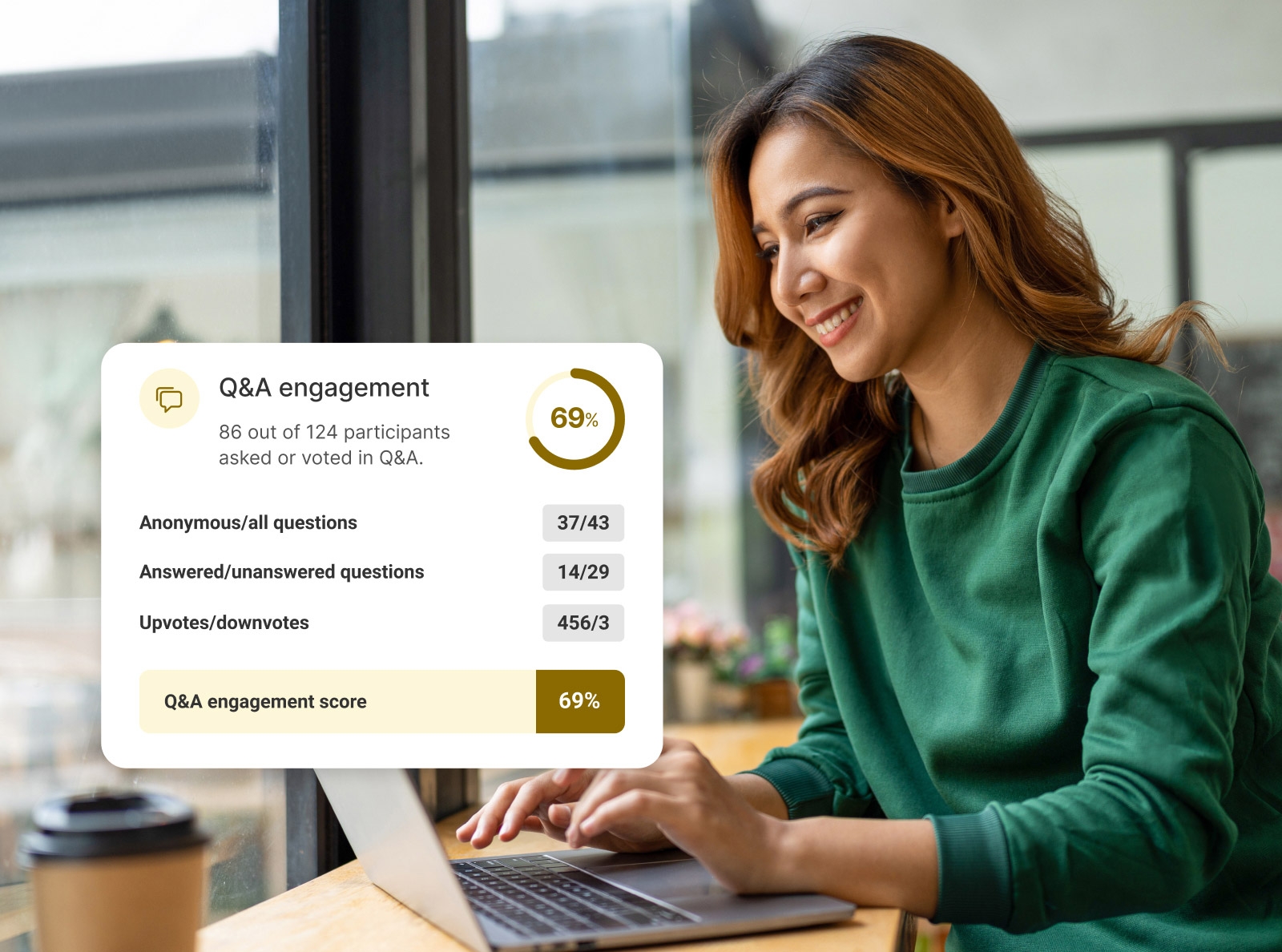 Woman checking a Q&A engagement results with Slido.