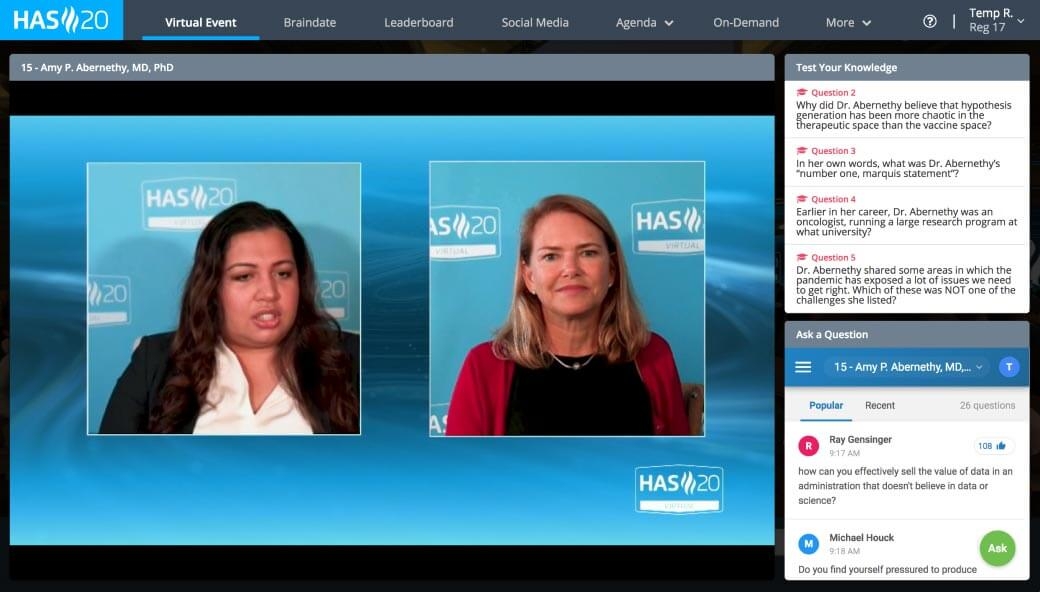 A HAS 20 virtual event's talk with Slido integrated into their user interface.
