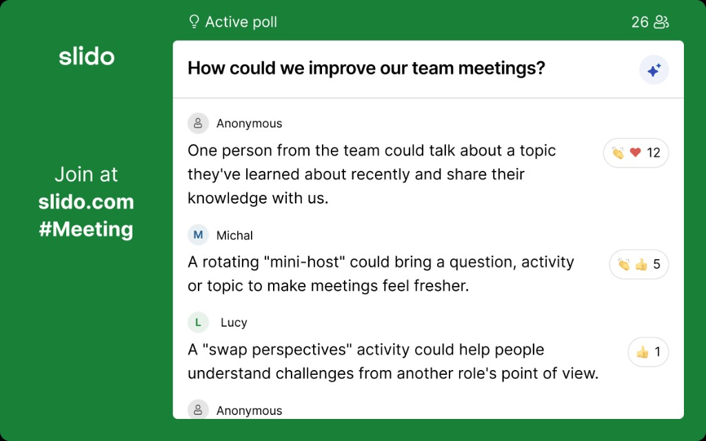 An Ideas poll asking how the team could improve their meetings, with submitted ideas and emoji reactions.