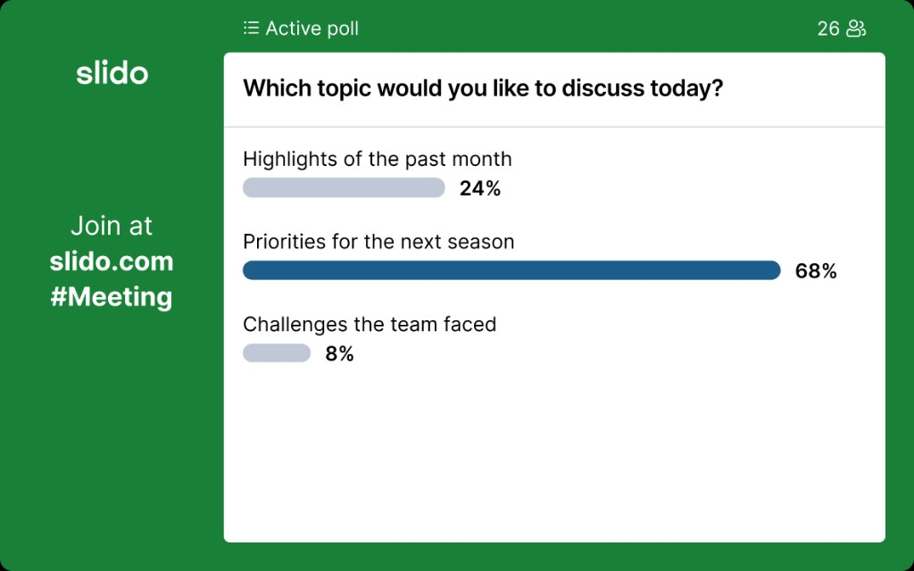 A multiple choice poll asking for opinion on which topic an audience would like to discuss today.