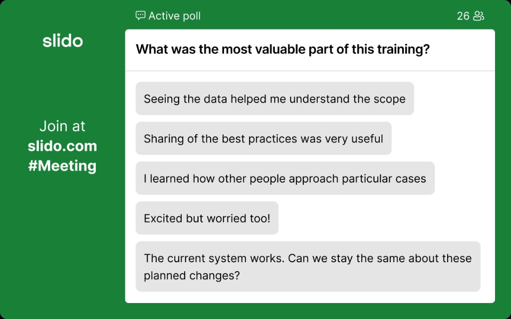 An open text question: What was the most valuable part of this training? So far, 26 attendees has answered.
