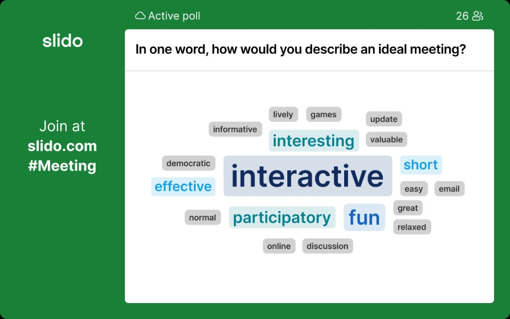 A word cloud asking an audience to describe an ideal meeting in one word.